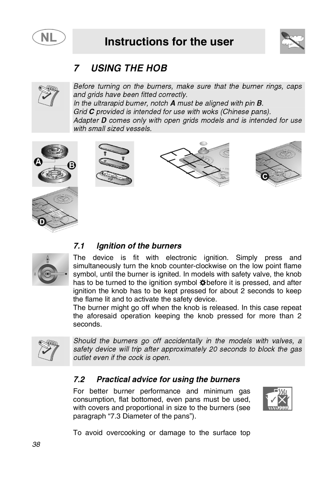 Smeg GKC95-3 Instructions for the user, Using the HOB, Ignition of the burners, Practical advice for using the burners 