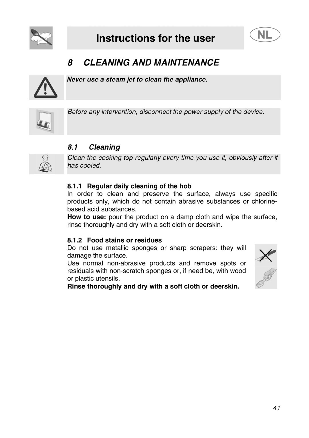 Smeg GKC64-3, GKC95-3 manual Cleaning and Maintenance, Regular daily cleaning of the hob, Food stains or residues 