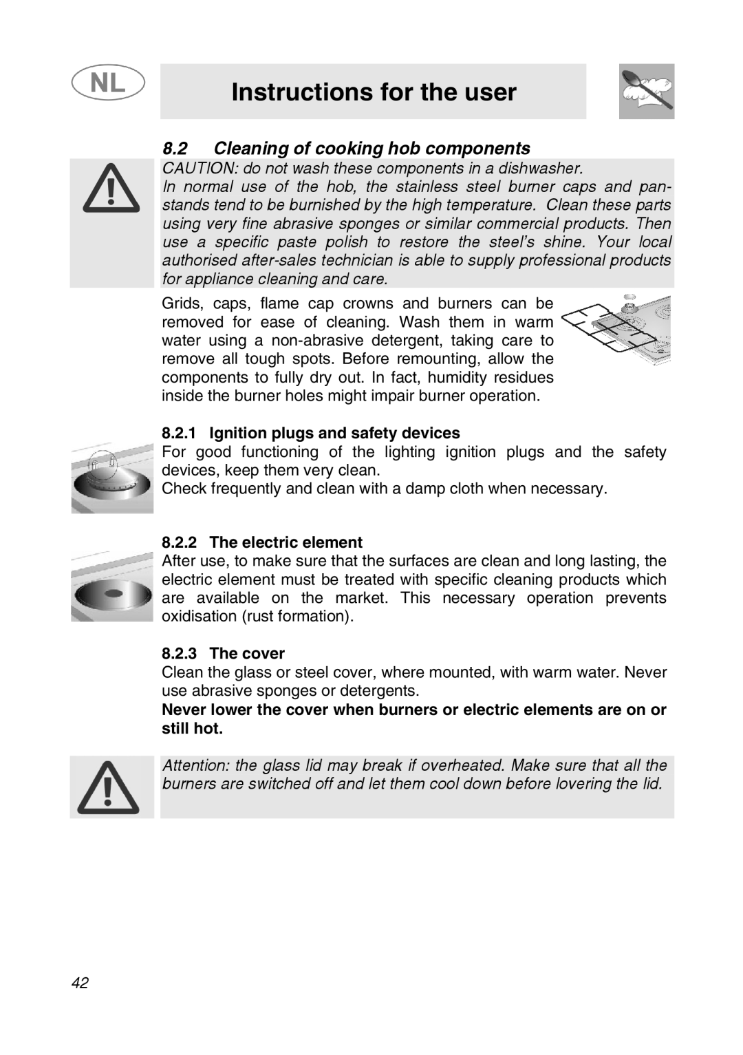 Smeg GKC95-3, GKC64-3 manual Cleaning of cooking hob components, Ignition plugs and safety devices, Electric element, Cover 