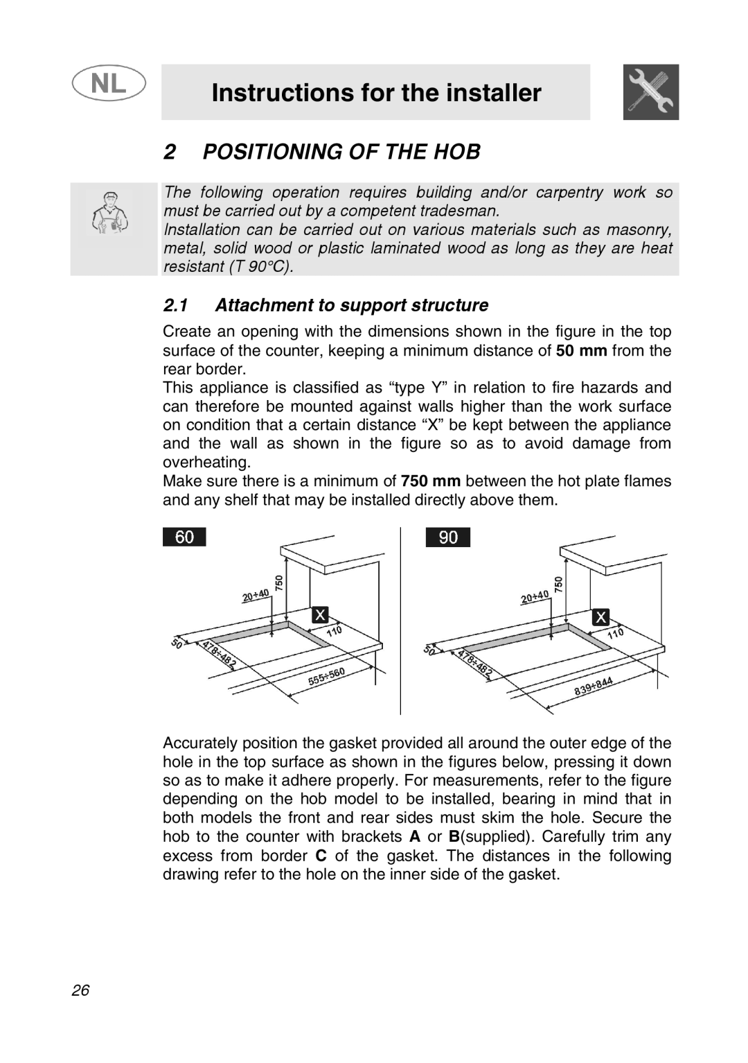 Smeg GKC95-3, GKC64-3 manual Instructions for the installer, Positioning of the HOB, Attachment to support structure 