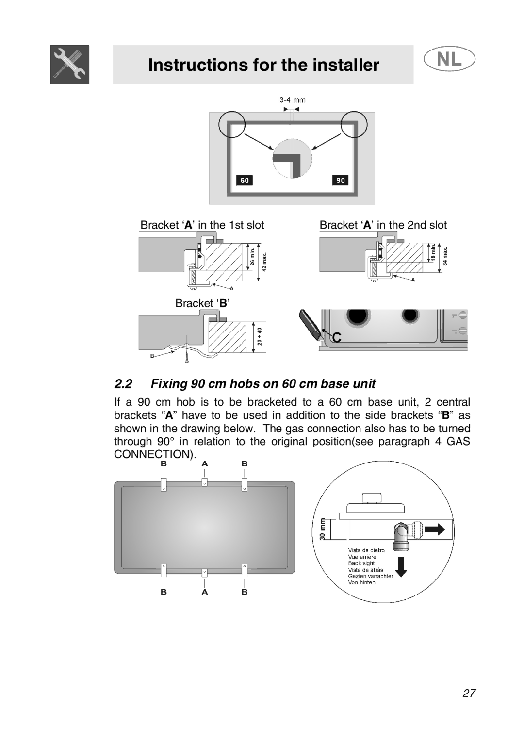 Smeg GKC64-3, GKC95-3 manual Fixing 90 cm hobs on 60 cm base unit 