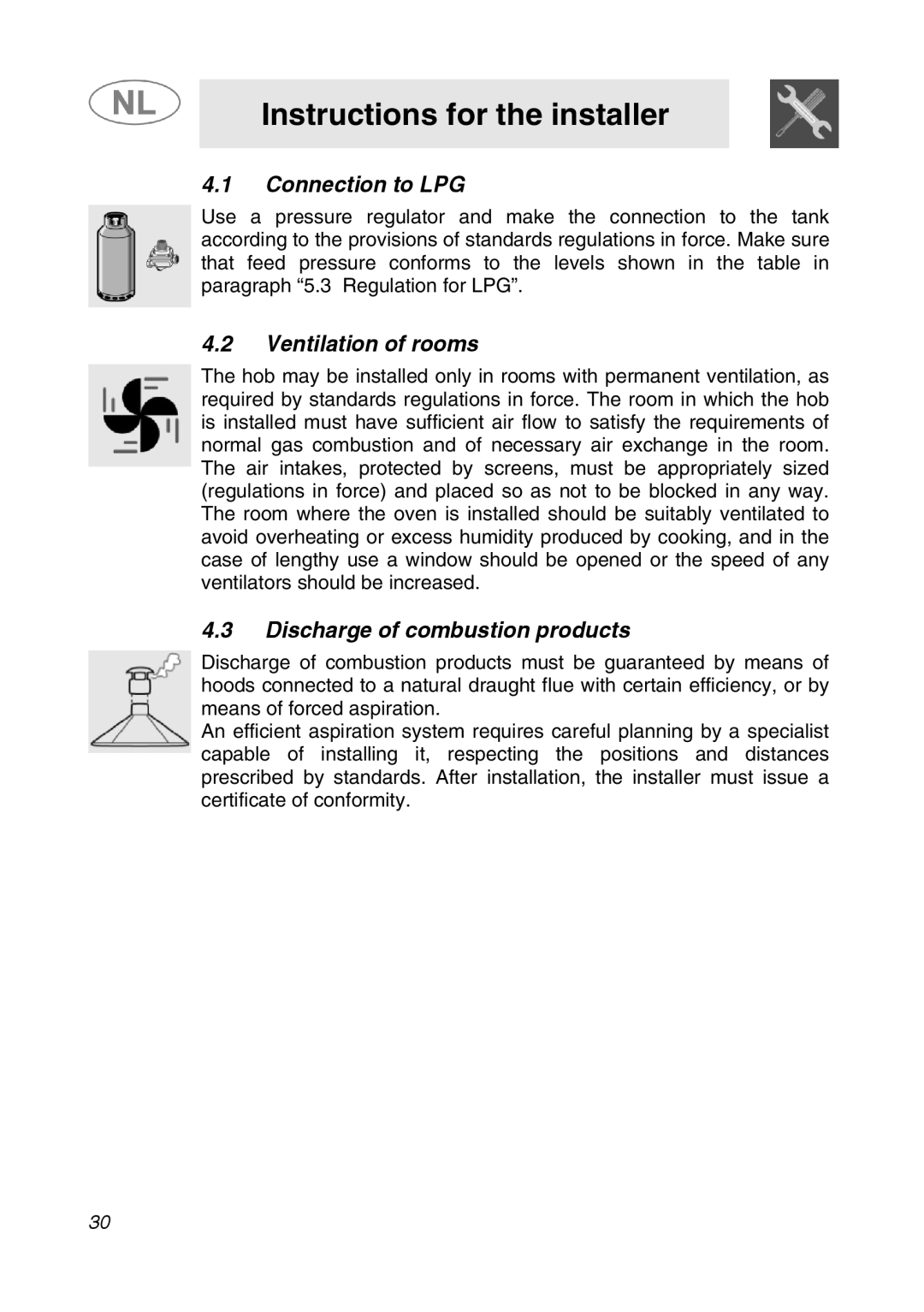 Smeg GKC95-3, GKC64-3 manual Connection to LPG, Ventilation of rooms, Discharge of combustion products 