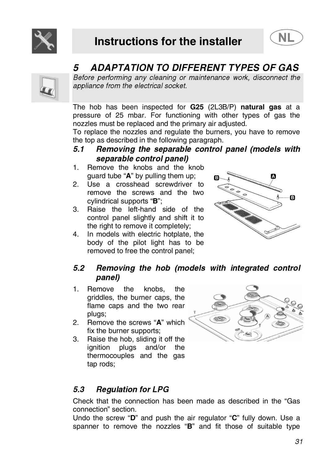 Smeg GKC64-3, GKC95-3 manual Adaptation to Different Types of GAS, Removing the hob models with integrated control panel 