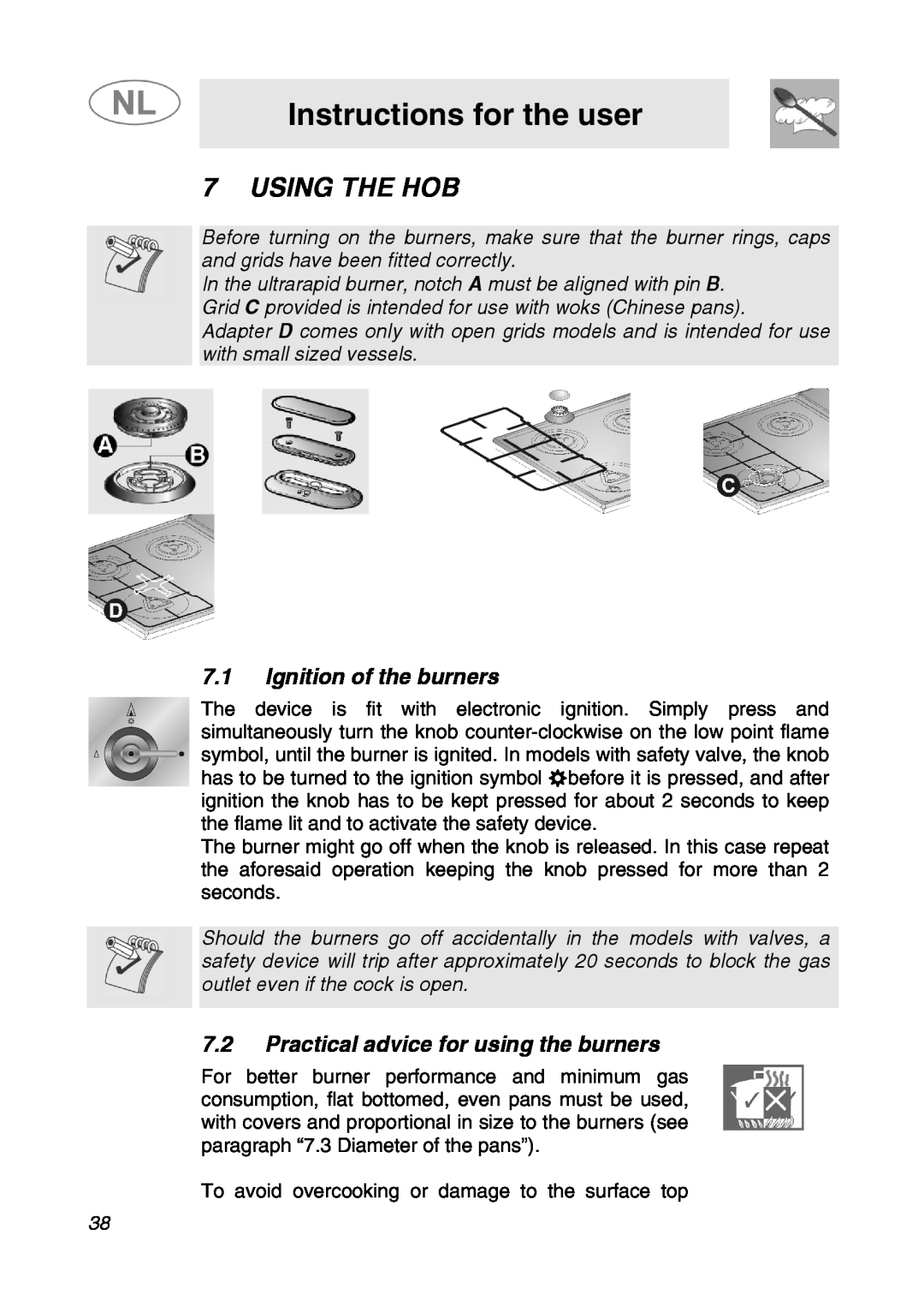 Smeg GKC95-3 Instructions for the user, Using The Hob, Ignition of the burners, Practical advice for using the burners 