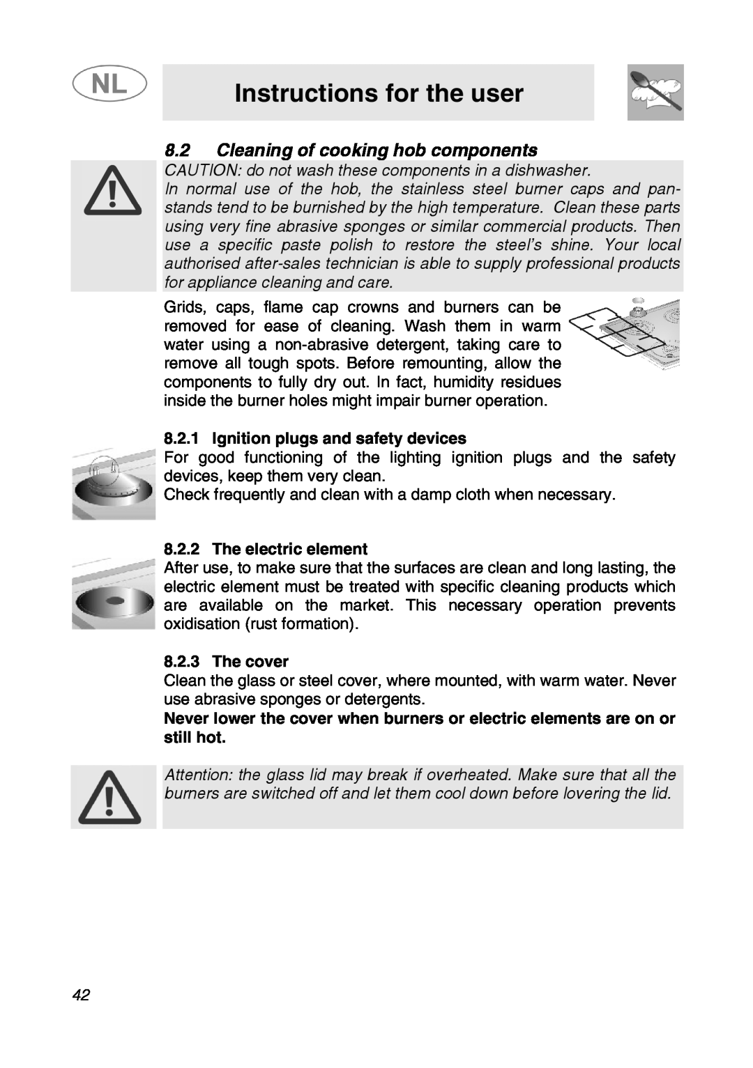 Smeg GKC95-3 manual Cleaning of cooking hob components, Ignition plugs and safety devices, The electric element, The cover 