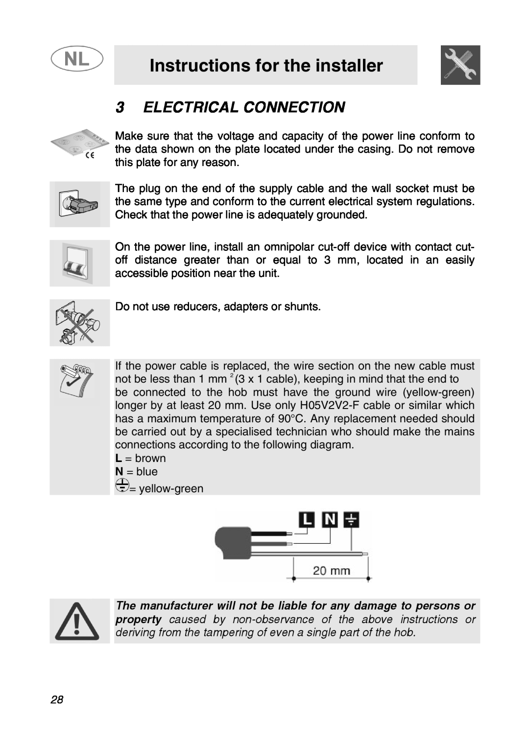 Smeg GKC95-3, GKC64-3 manual Electrical Connection, Instructions for the installer 