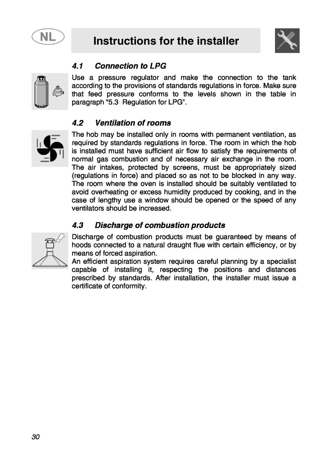 Smeg GKC95-3 Connection to LPG, Ventilation of rooms, Discharge of combustion products, Instructions for the installer 
