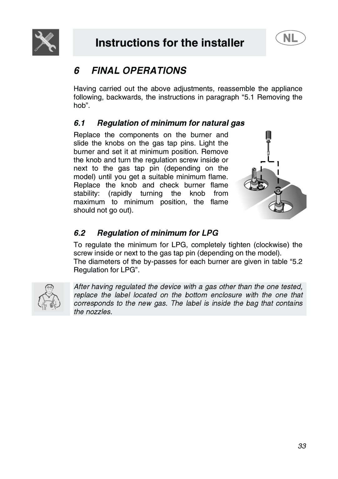 Smeg GKC755, GKCO755 manual Final Operations, Regulation of minimum for natural gas, Regulation of minimum for LPG 