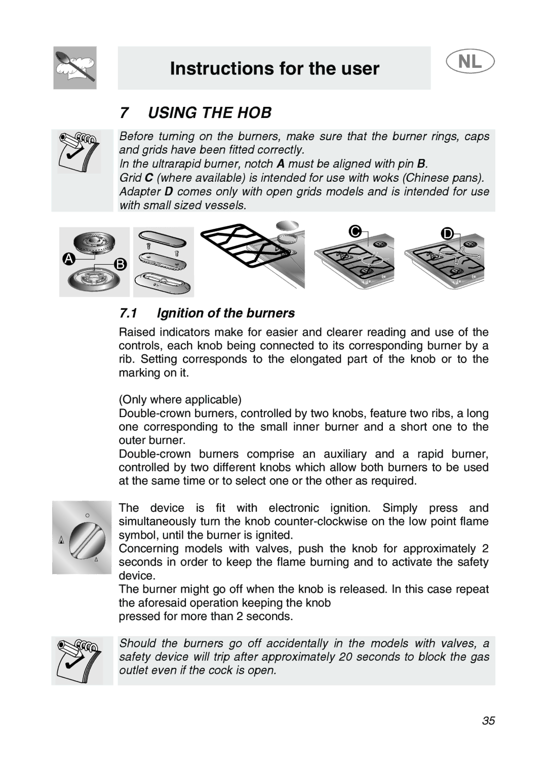 Smeg GKC755, GKCO755 manual Instructions for the user, Using the HOB, Ignition of the burners 