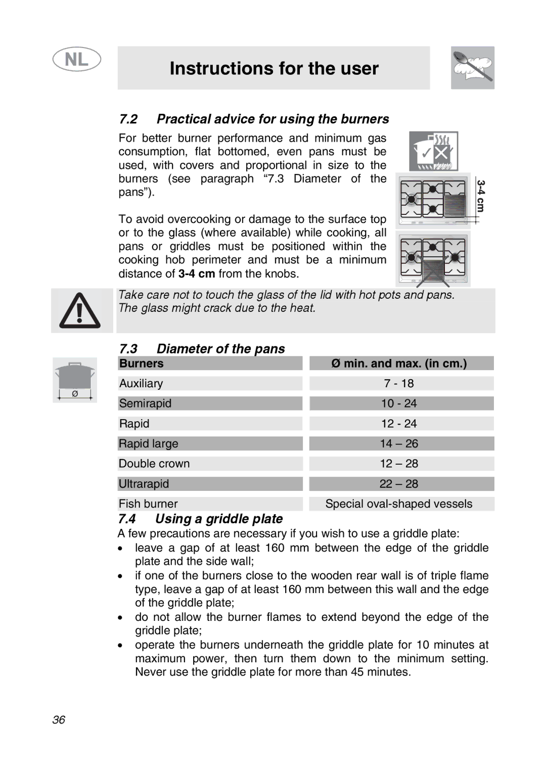 Smeg GKCO755, GKC755 manual Practical advice for using the burners, Diameter of the pans, Using a griddle plate 