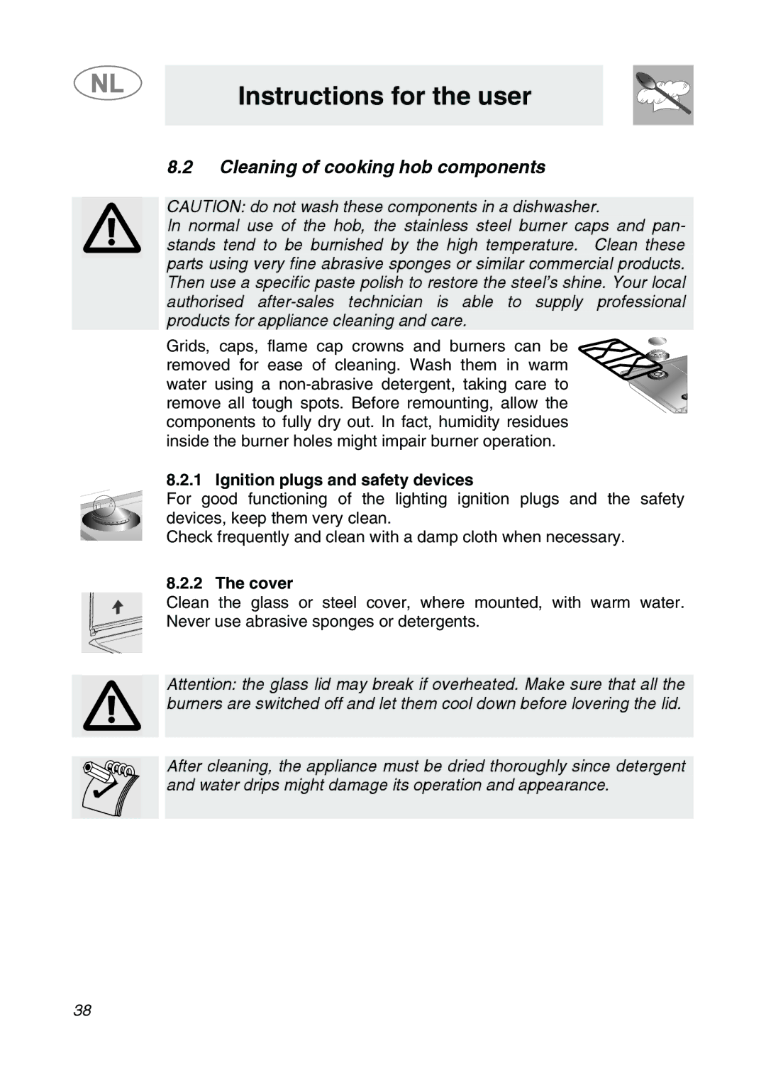 Smeg GKCO755, GKC755 manual Cleaning of cooking hob components, Ignition plugs and safety devices, Cover 