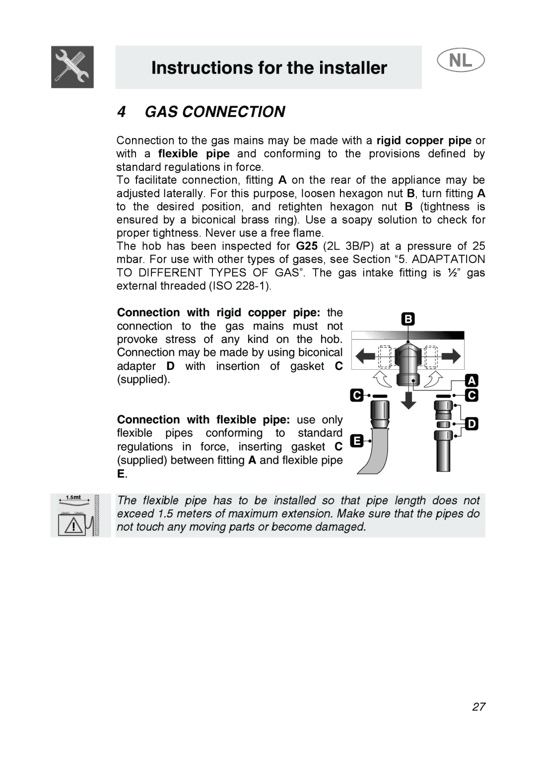 Smeg GKC755, GKCO755 manual GAS Connection, Connection with rigid copper pipe 