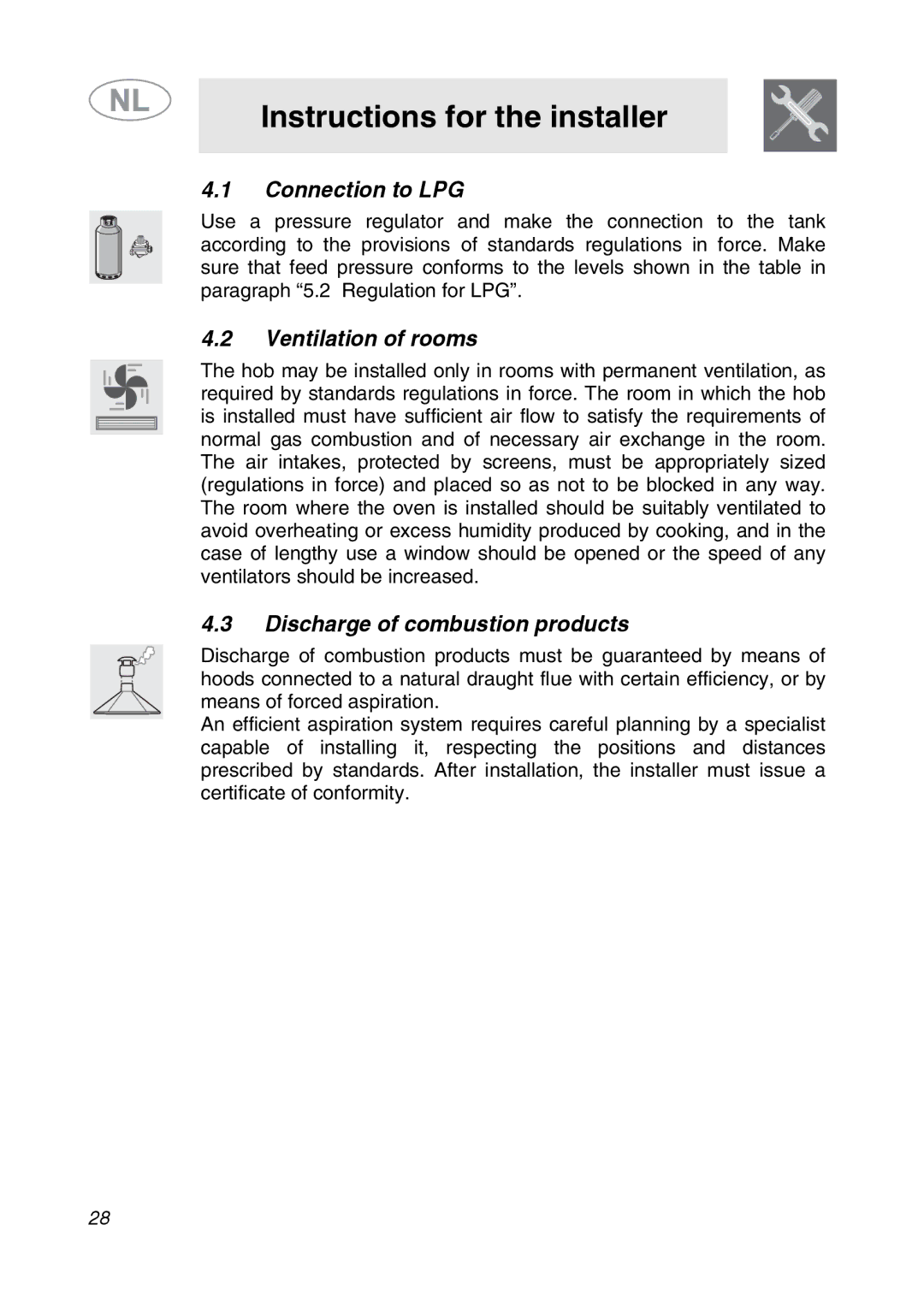 Smeg GKCO755, GKC755 manual Connection to LPG, Ventilation of rooms, Discharge of combustion products 