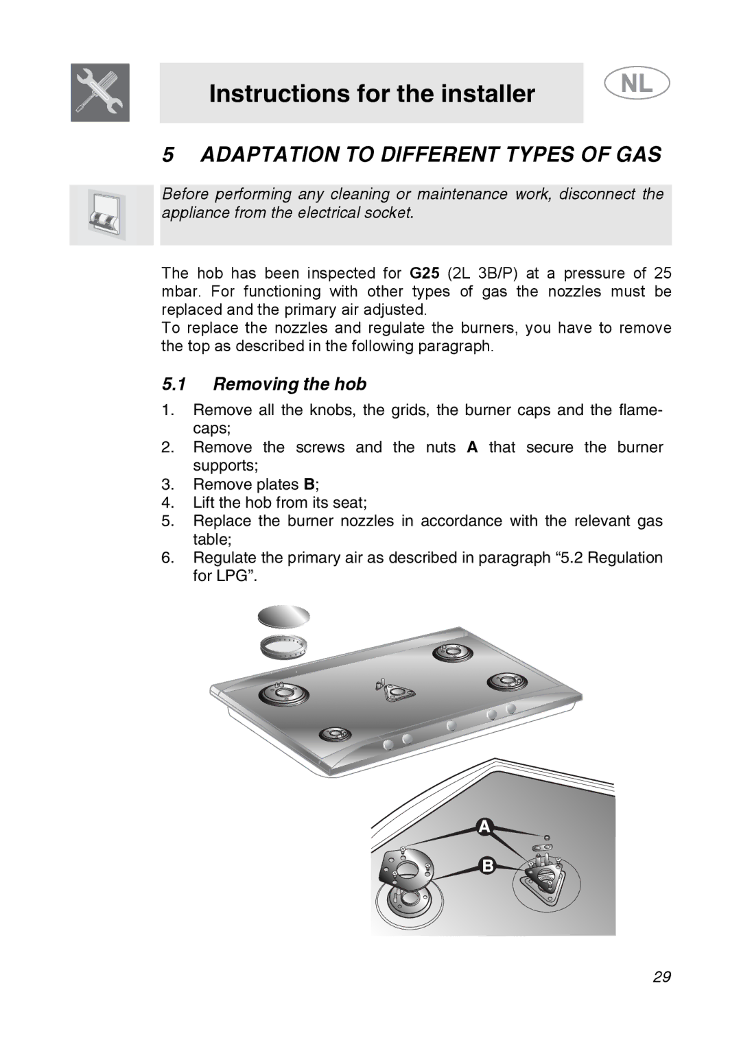 Smeg GKC755, GKCO755 manual Adaptation to Different Types of GAS, Removing the hob 