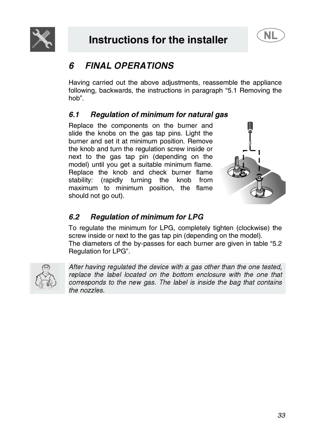 Smeg GKC755, GKCO755 manual Final Operations, 6.1Regulation of minimum for natural gas, 6.2Regulation of minimum for LPG 