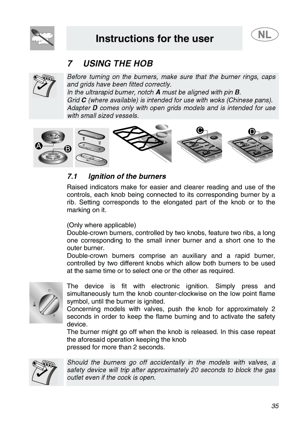 Smeg GKC755, GKCO755 manual Instructions for the user, Using The Hob, 7.1Ignition of the burners 