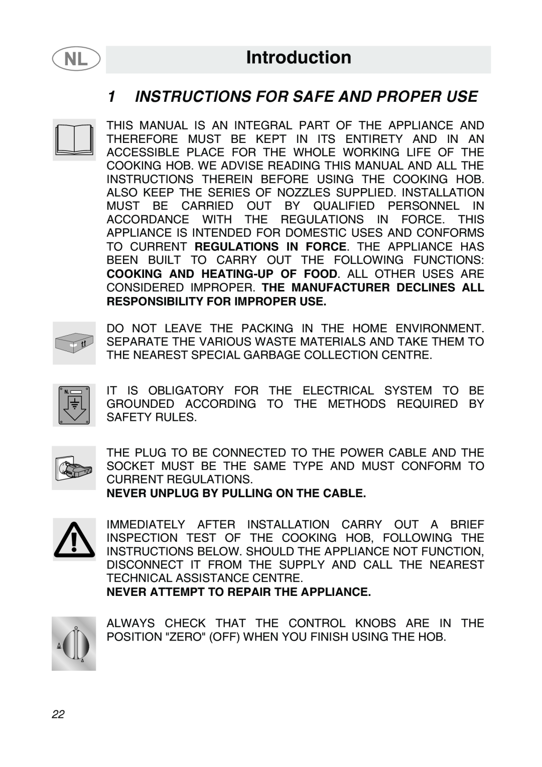Smeg GKCO755, GKC755 manual Introduction, Instructions For Safe And Proper Use, Responsibility For Improper Use 