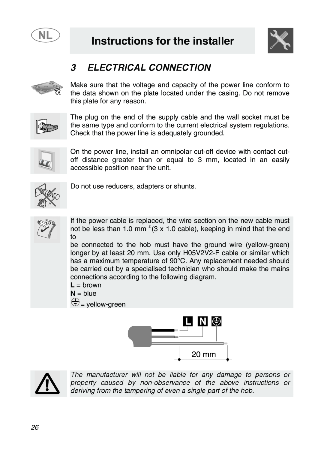 Smeg GKCO755, GKC755 manual Electrical Connection, Instructions for the installer 