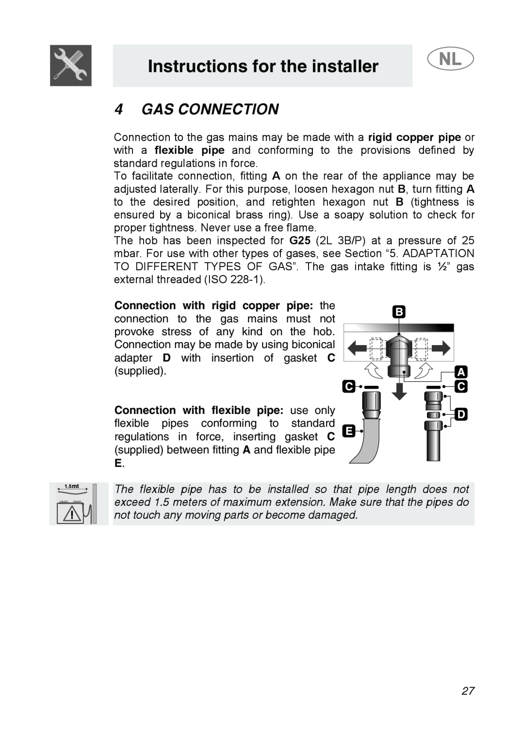 Smeg GKC755, GKCO755 manual Gas Connection, Connection with rigid copper pipe: the, Instructions for the installer 