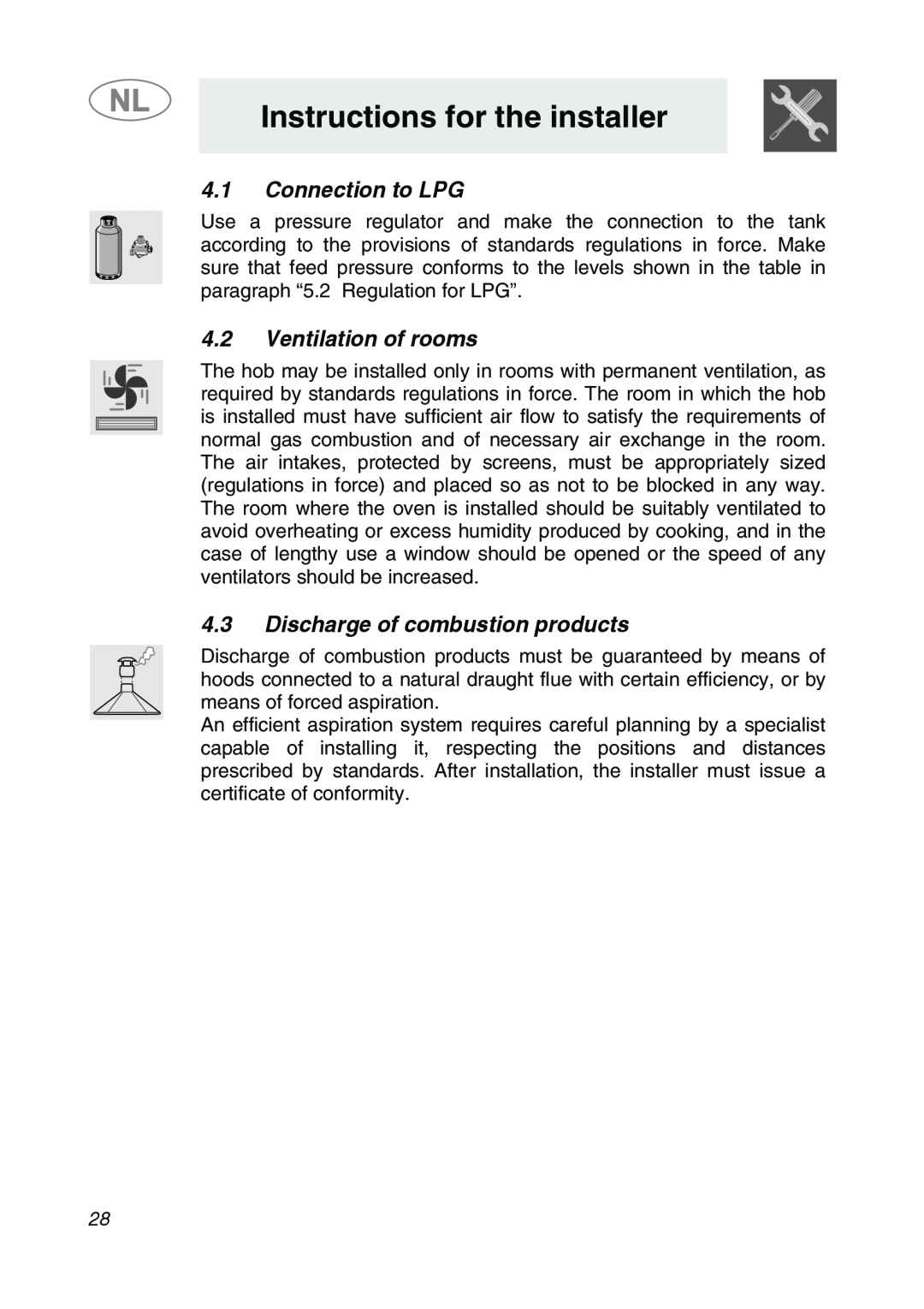Smeg GKCO755, GKC755 manual 4.1Connection to LPG, 4.2Ventilation of rooms, 4.3Discharge of combustion products 