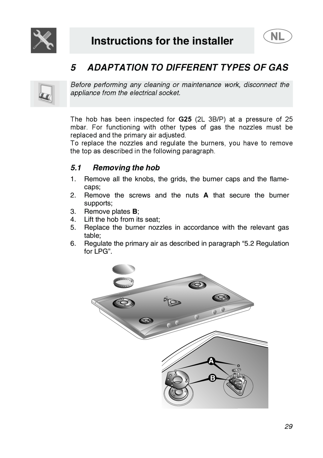 Smeg GKC755, GKCO755 manual Adaptation To Different Types Of Gas, 5.1Removing the hob, Instructions for the installer 