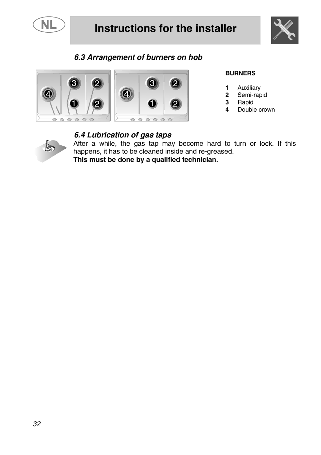 Smeg GKC955, GKCO955 Arrangement of burners on hob, Lubrication of gas taps, This must be done by a qualified technician 