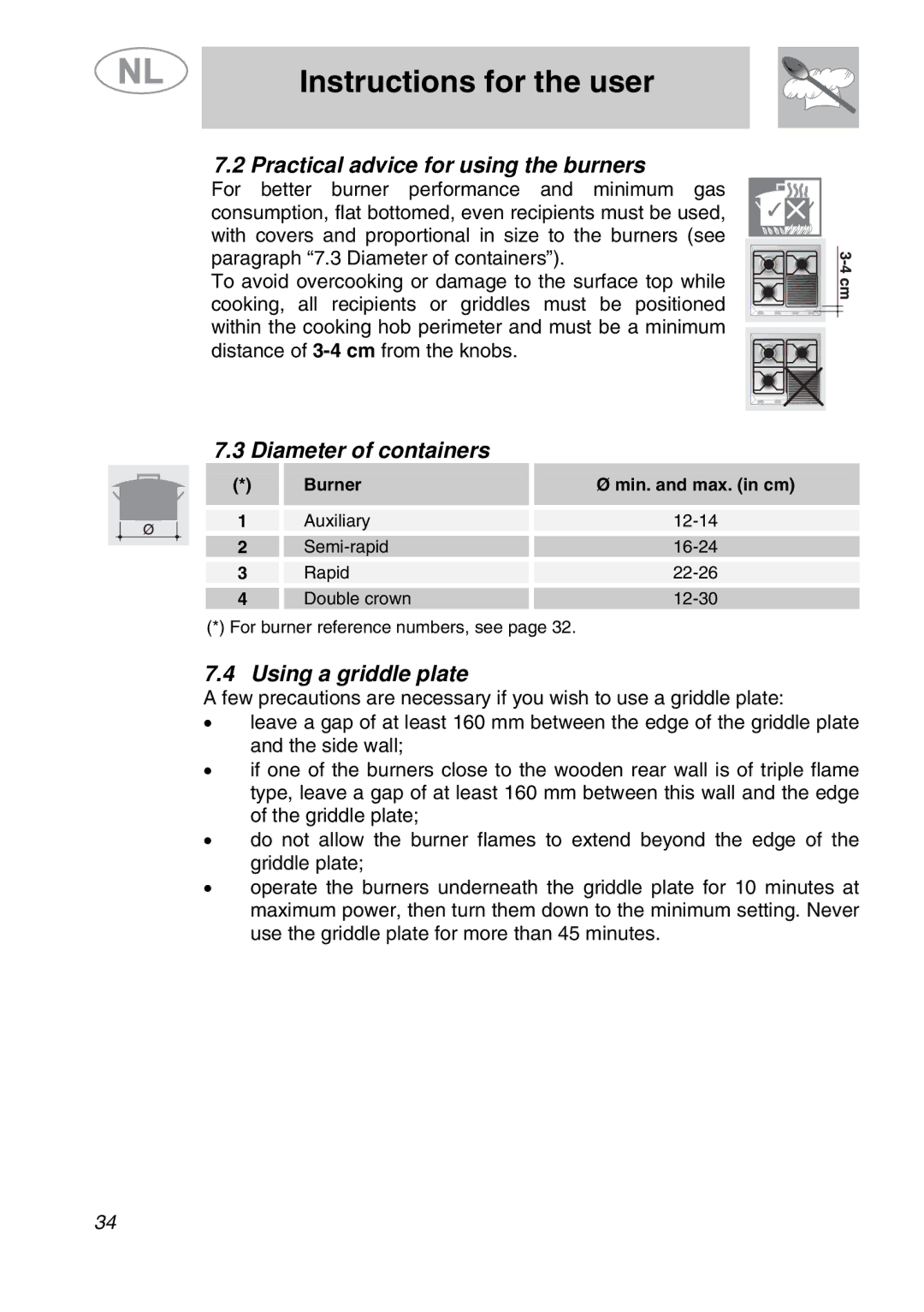 Smeg GKC955, GKCO955 manual Practical advice for using the burners, Diameter of containers, Using a griddle plate 