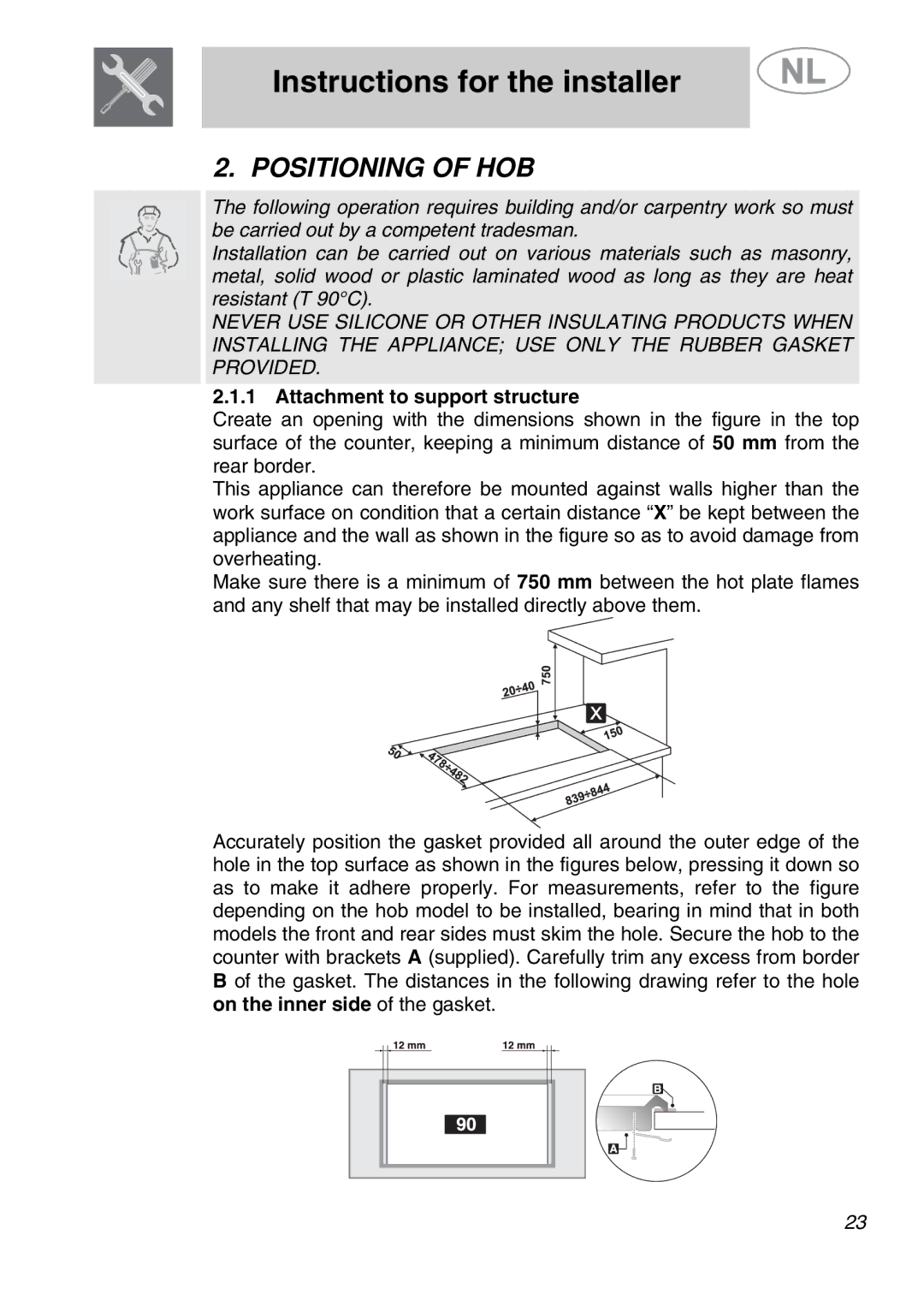 Smeg GKCO955, GKC955 manual Instructions for the installer, Positioning of HOB, Attachment to support structure 