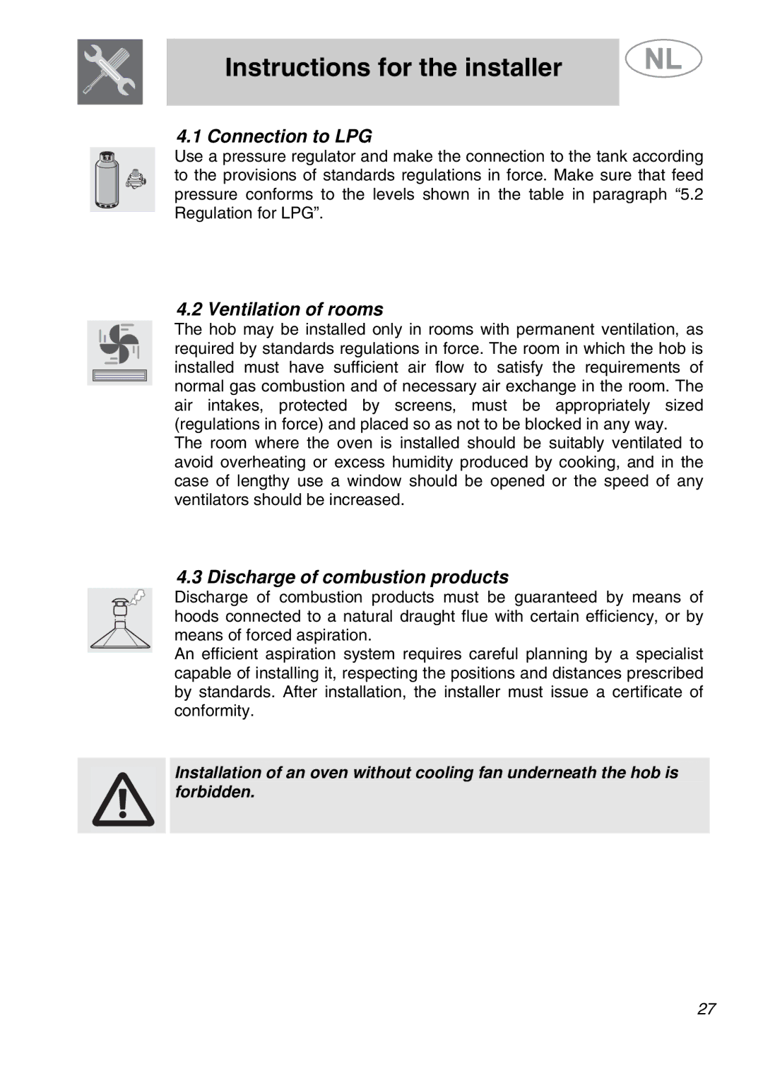 Smeg GKCO955, GKC955 manual Connection to LPG, Ventilation of rooms, Discharge of combustion products 