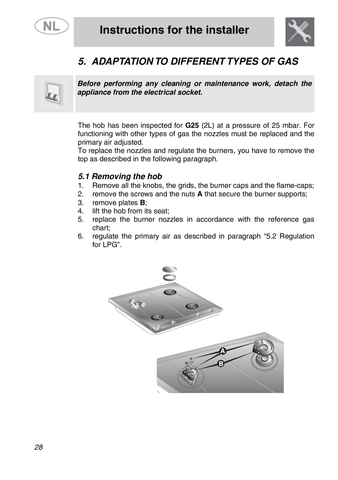 Smeg GKC955, GKCO955 manual Adaptation to Different Types of GAS, Removing the hob 