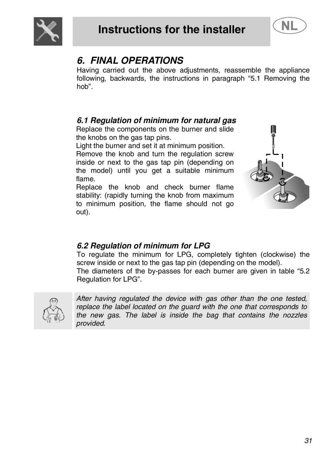 Smeg GKCO955, GKC955 manual Final Operations, Regulation of minimum for natural gas, Regulation of minimum for LPG 