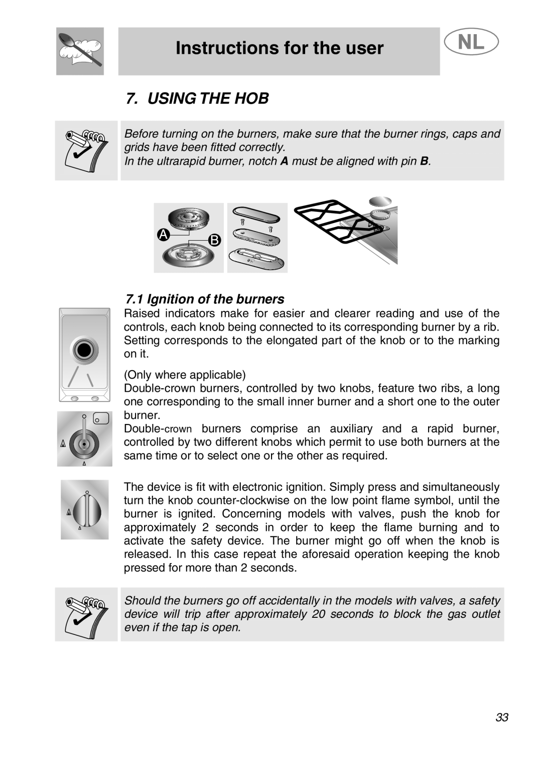 Smeg GKCO955, GKC955 manual Instructions for the user, Using The Hob, Ignition of the burners 