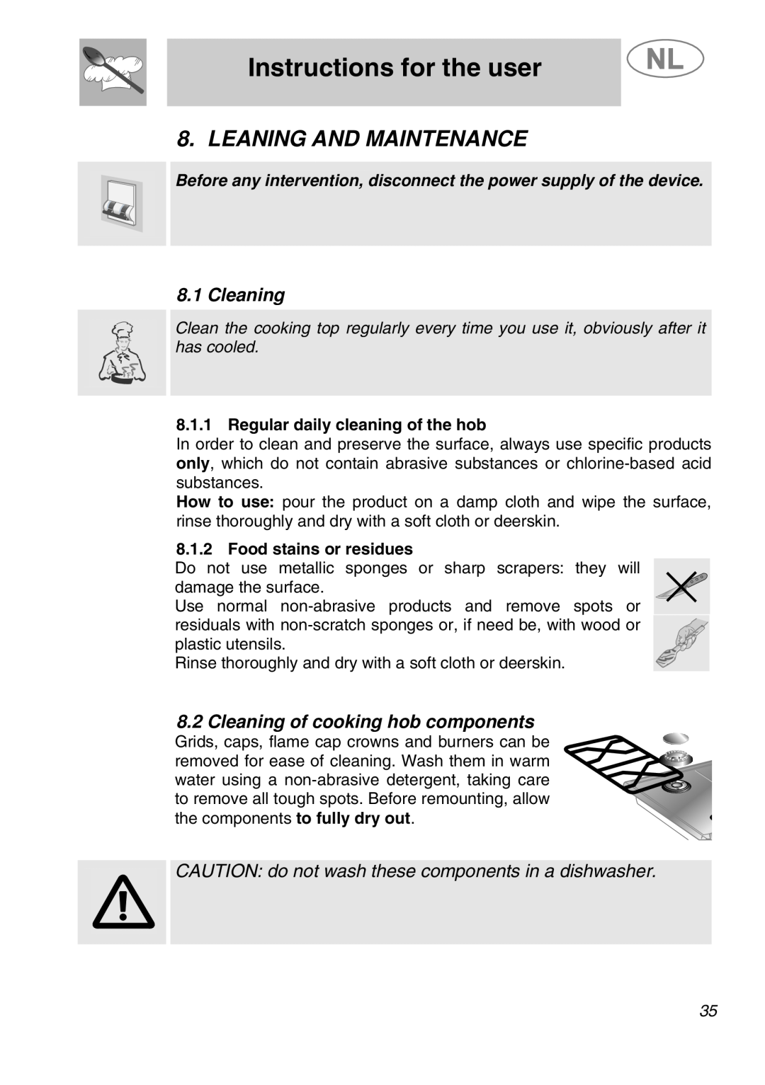 Smeg GKCO955, GKC955 manual Leaning And Maintenance, Cleaning of cooking hob components, Instructions for the user 