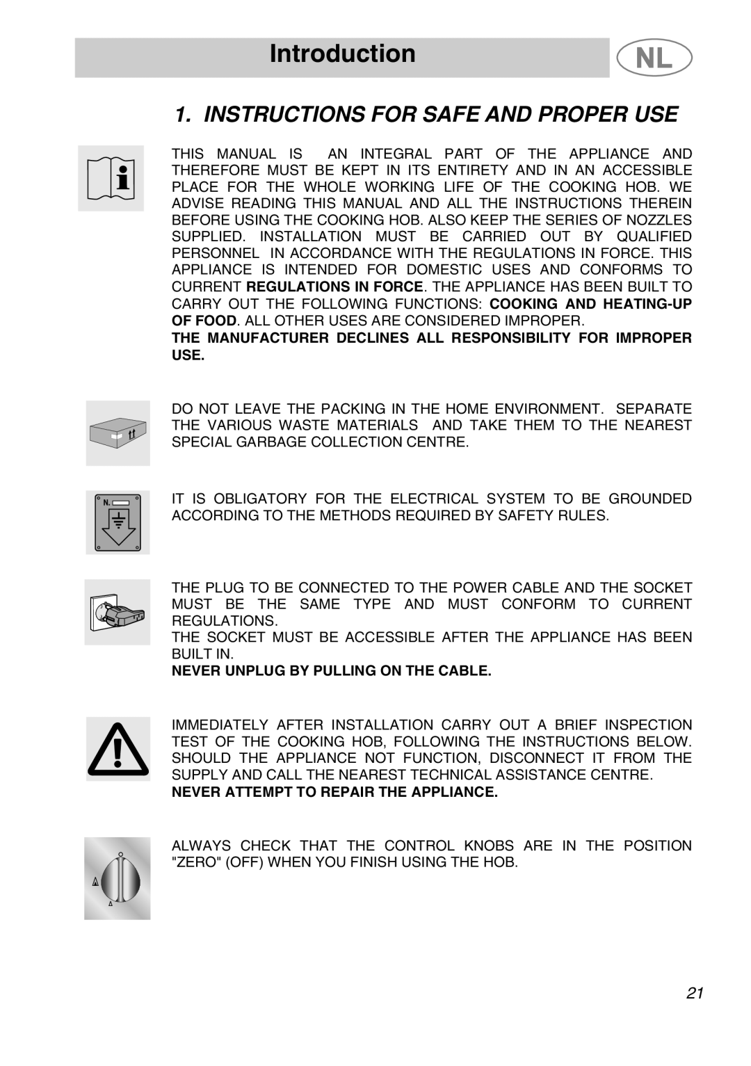 Smeg GKCO955, GKC955 manual Introduction, Instructions For Safe And Proper Use, Never Unplug By Pulling On The Cable 