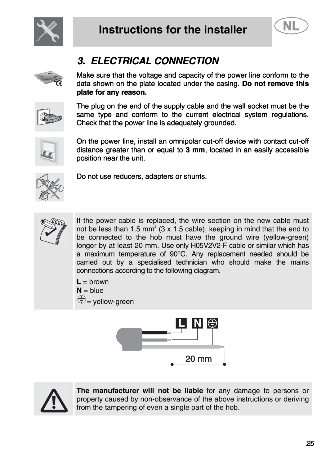 Smeg GKCO955, GKC955 manual Electrical Connection, Instructions for the installer, plate for any reason 