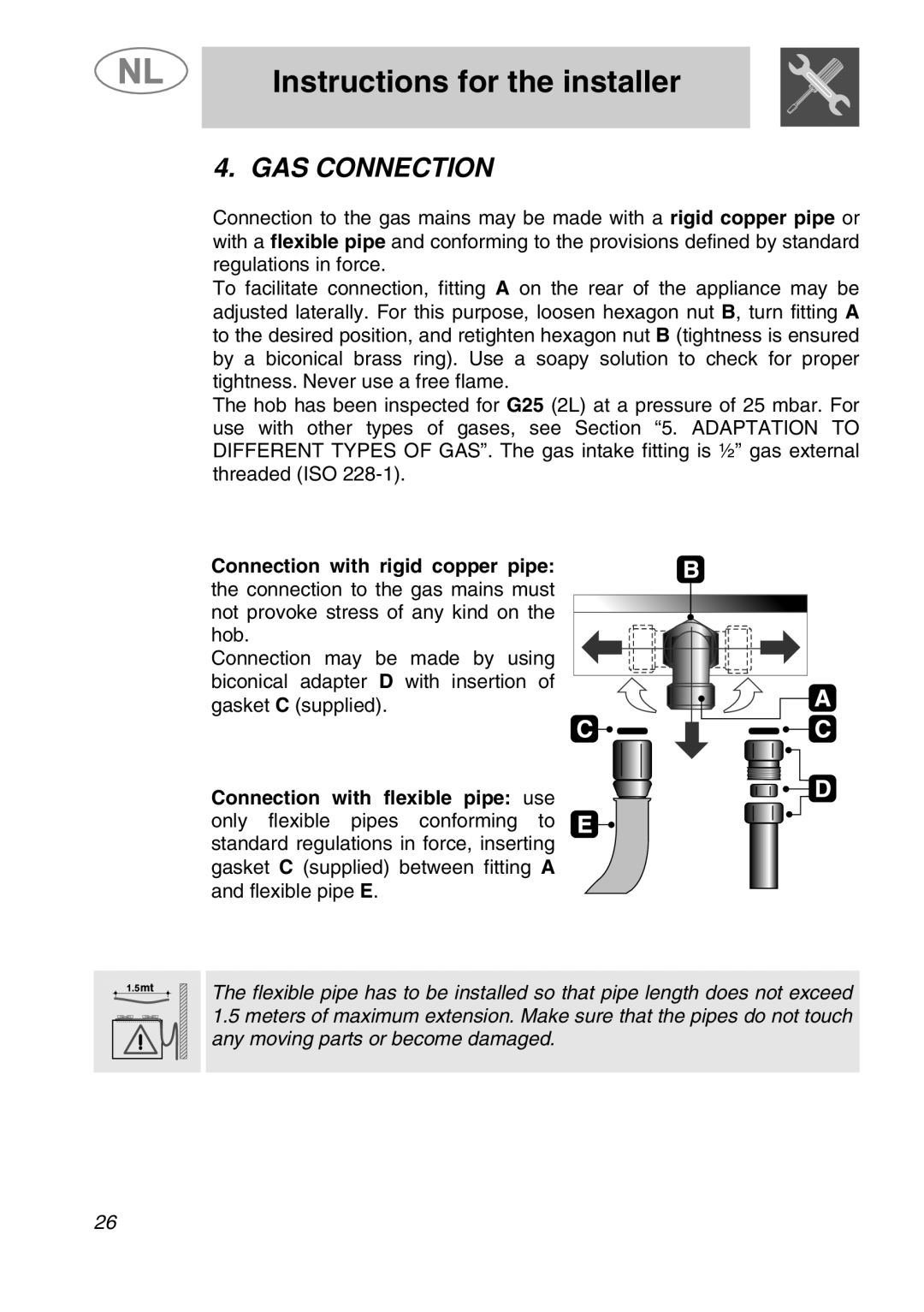 Smeg GKC955, GKCO955 manual Gas Connection, Instructions for the installer 