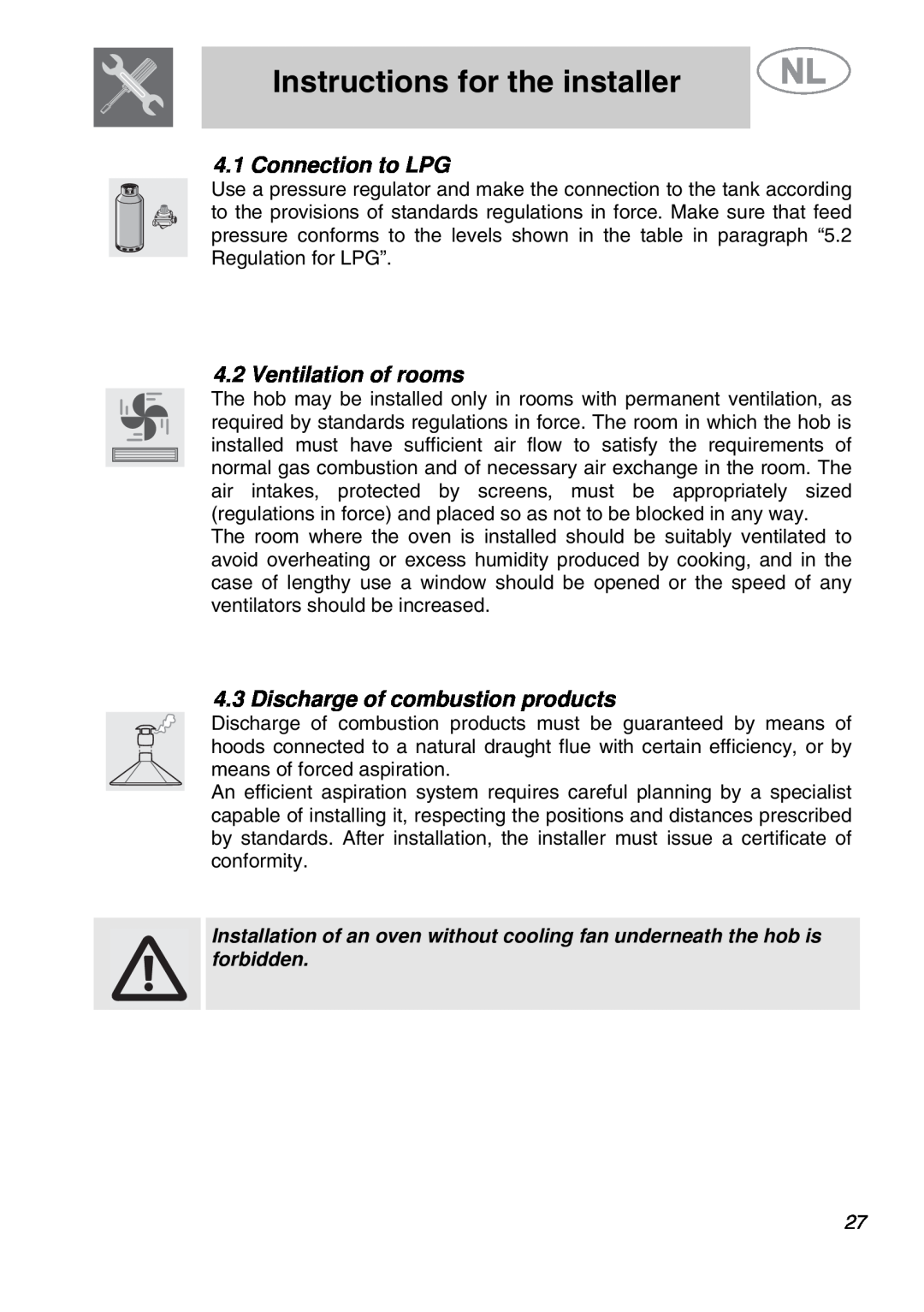 Smeg GKCO955 Connection to LPG, Ventilation of rooms, Discharge of combustion products, Instructions for the installer 