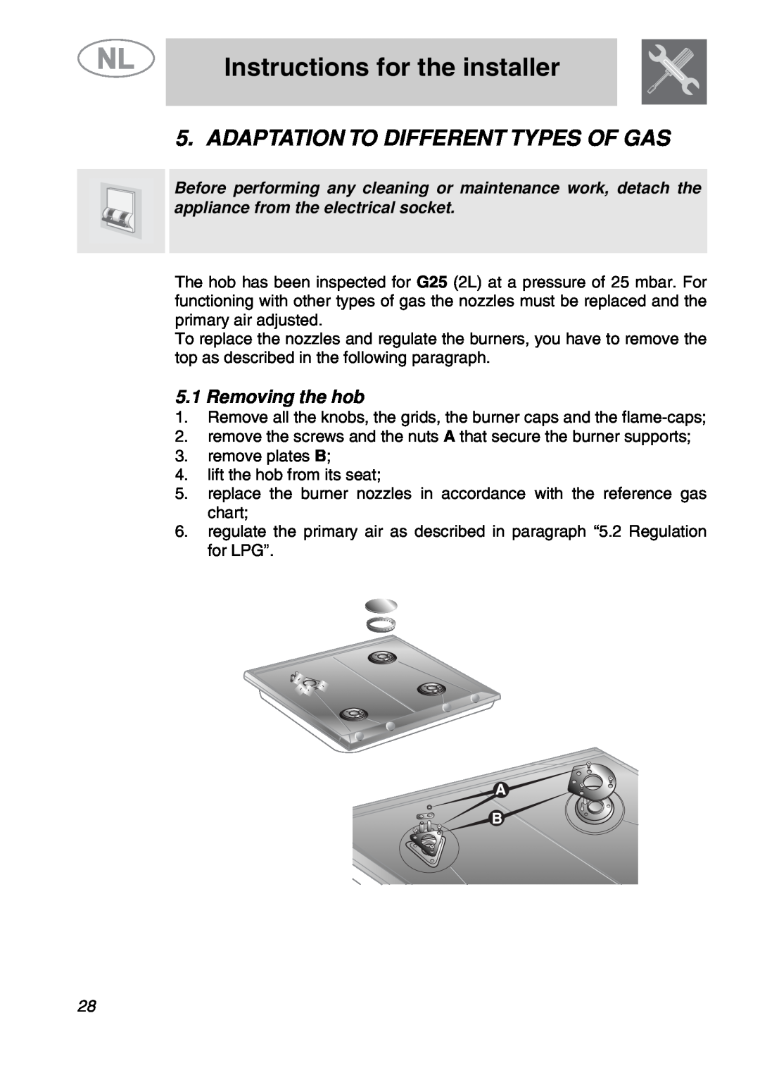 Smeg GKC955, GKCO955 manual Adaptation To Different Types Of Gas, Removing the hob, Instructions for the installer 