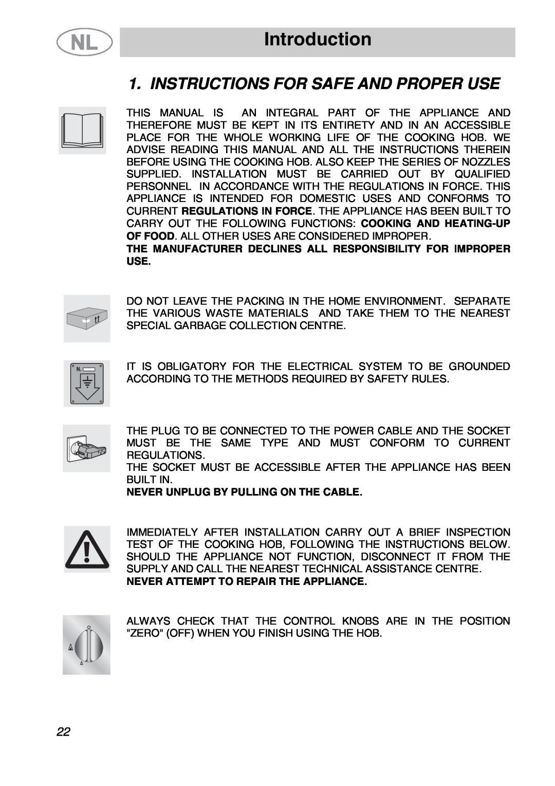 Smeg GKDCO15, GKCO64-3 manual Introduction, Instructions For Safe And Proper Use, Never Unplug By Pulling On The Cable 