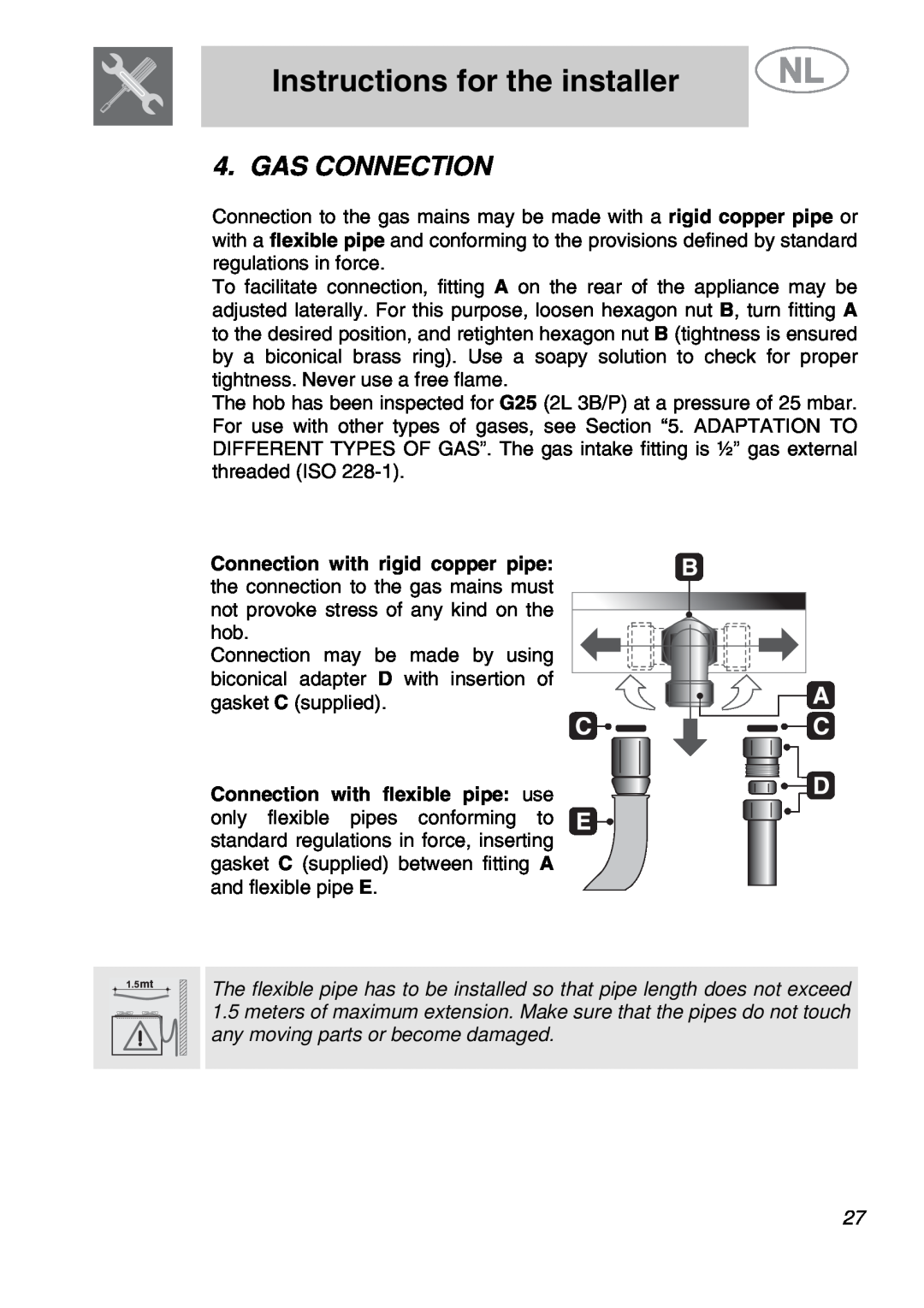 Smeg GKCO64-3, GKDCO15 manual Gas Connection, Instructions for the installer 