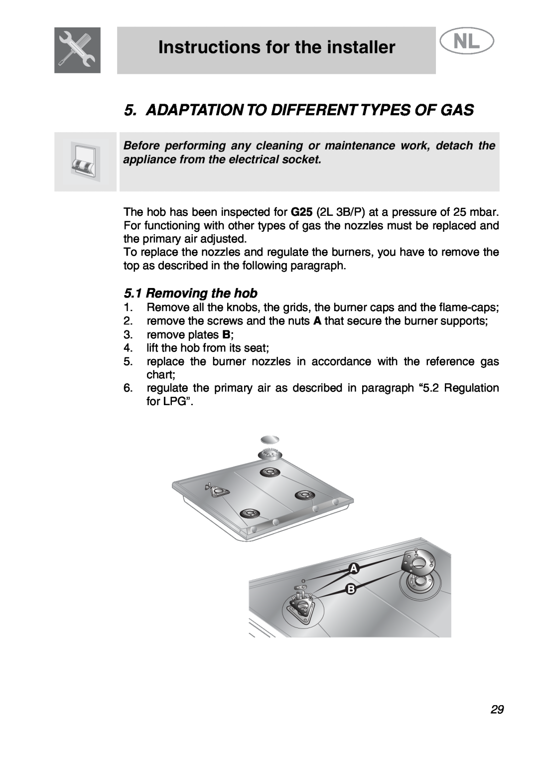 Smeg GKCO64-3, GKDCO15 manual Adaptation To Different Types Of Gas, Instructions for the installer, Removing the hob 