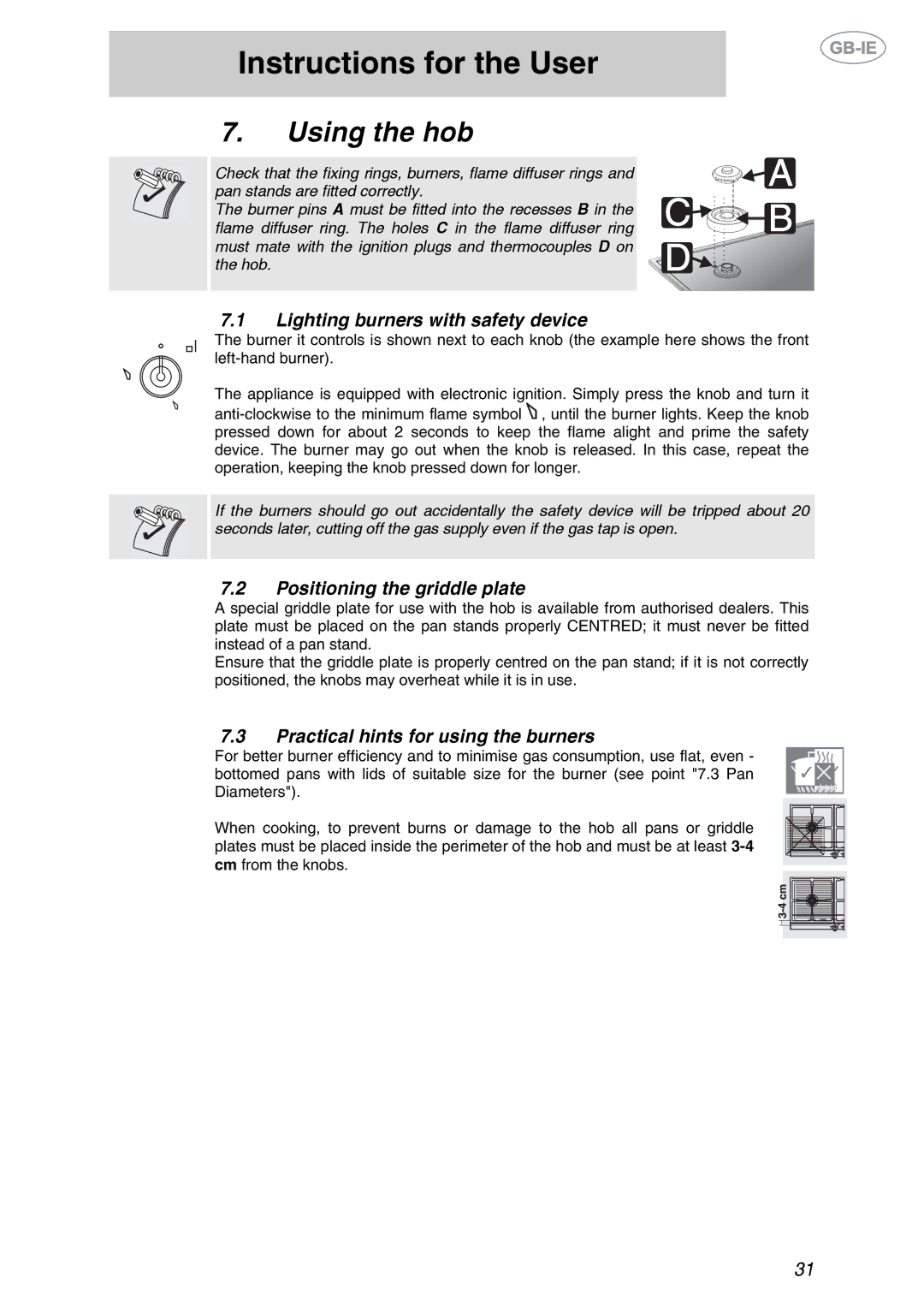 Smeg GKL64-3, GKL755 manual Using the hob, Lighting burners with safety device, Positioning the griddle plate 