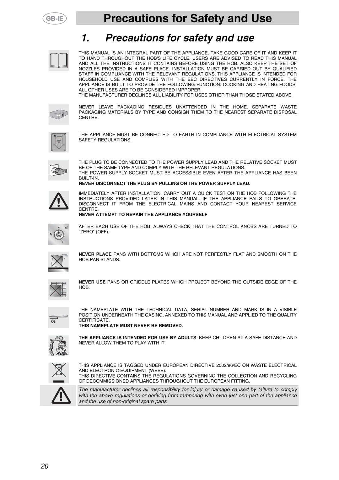 Smeg GKL755, GKL64-3 manual Precautions for Safety and Use, Precautions for safety and use 