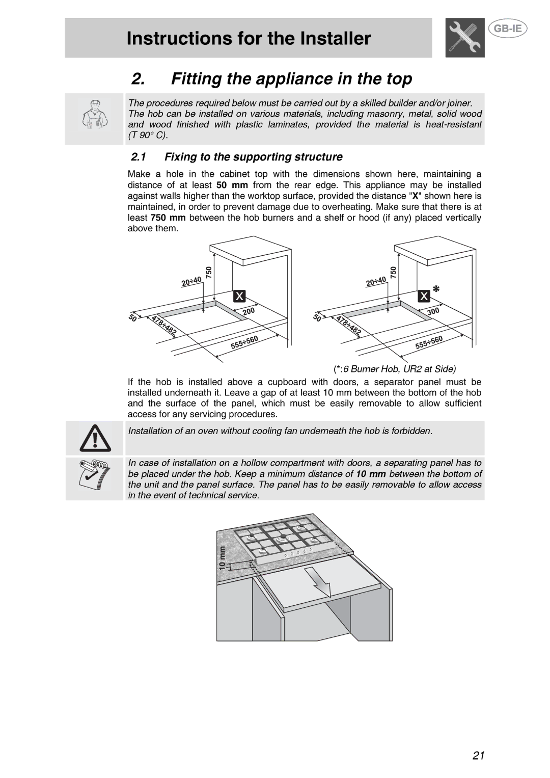 Smeg GKL64-3, GKL755 Instructions for the Installer, Fitting the appliance in the top, Fixing to the supporting structure 