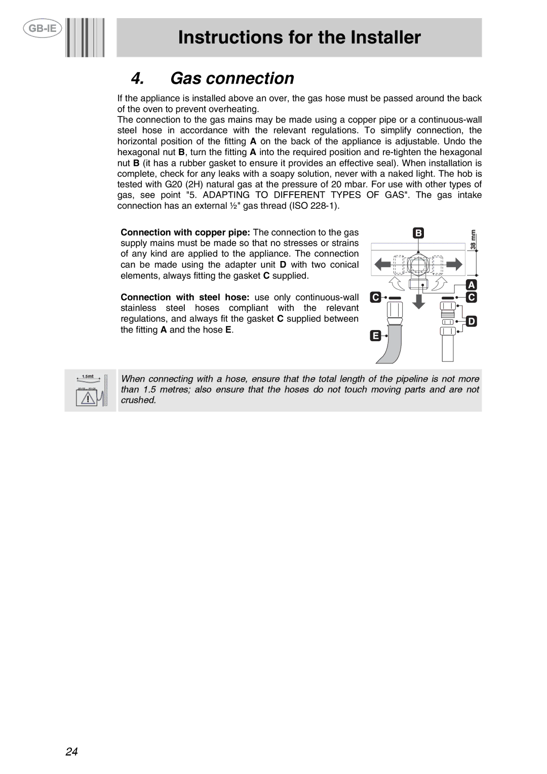 Smeg GKL755, GKL64-3 manual Gas connection 