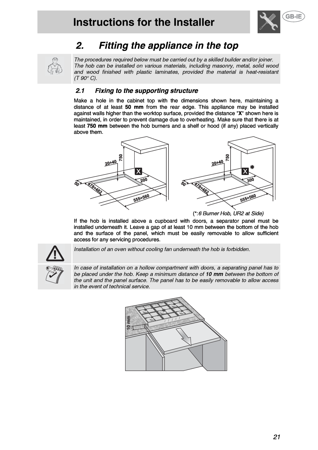 Smeg GKL64-3 manual Instructions for the Installer, Fitting the appliance in the top, 2.1Fixing to the supporting structure 