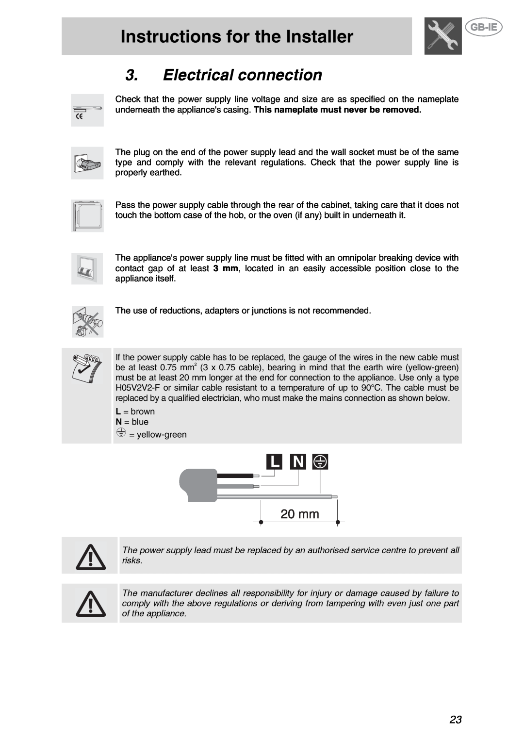 Smeg GKL64-3, GKL755 manual Electrical connection, Instructions for the Installer 
