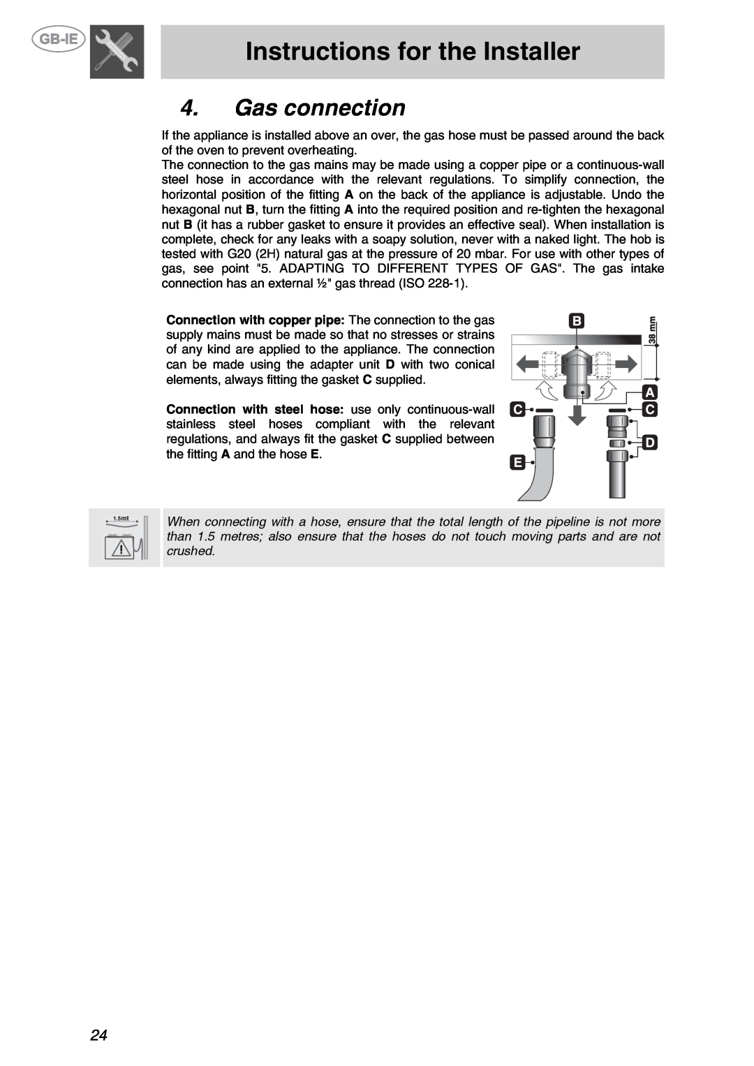 Smeg GKL755, GKL64-3 manual Gas connection, Instructions for the Installer 