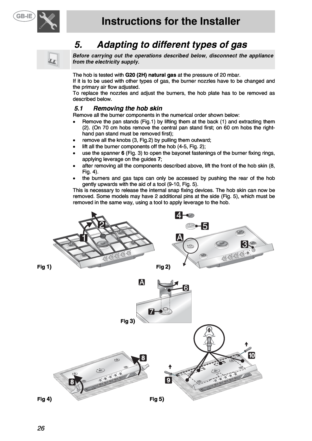 Smeg GKL755, GKL64-3 manual Adapting to different types of gas, Instructions for the Installer, 5.1Removing the hob skin 