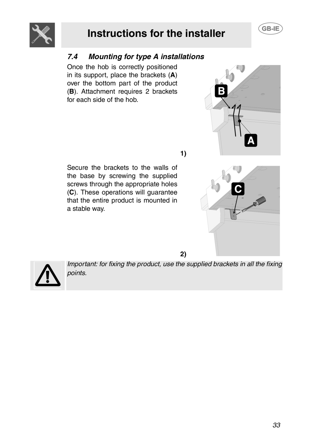 Smeg HB96GXBE3, HB96CSS-3 manual Mounting for type a installations 